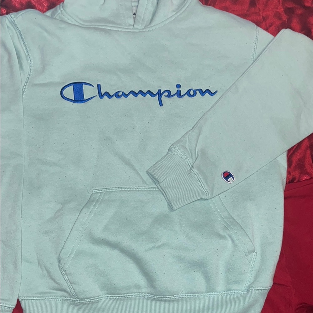 Champion Heather Gray Hoodie with Blue Logo